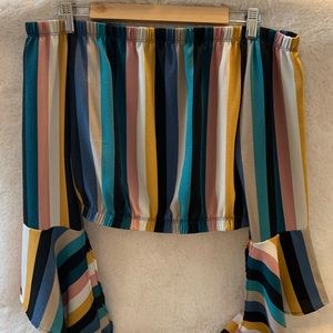 Blue Blush Off-Shoulder Striped Shirt